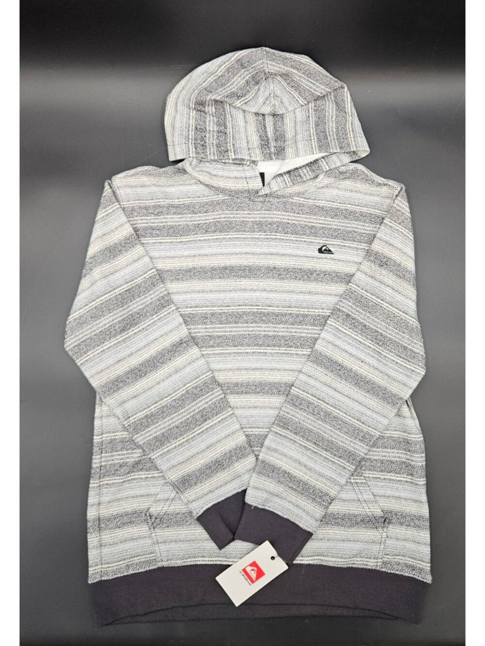 Quiksilver Boys Striped Pullover Hoodie L Large Gray & Black Cotton Blend Casual